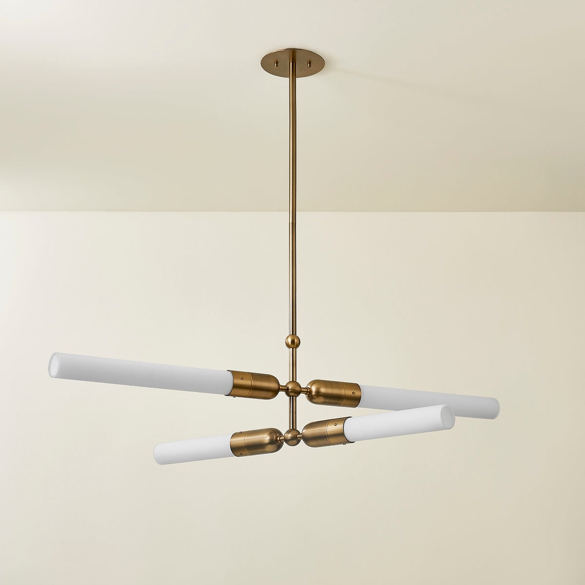 Darby Chandelier by Troy Lighting F1450-PBR, 4-Light Patina Brass Finish with Etched Glass Tubes