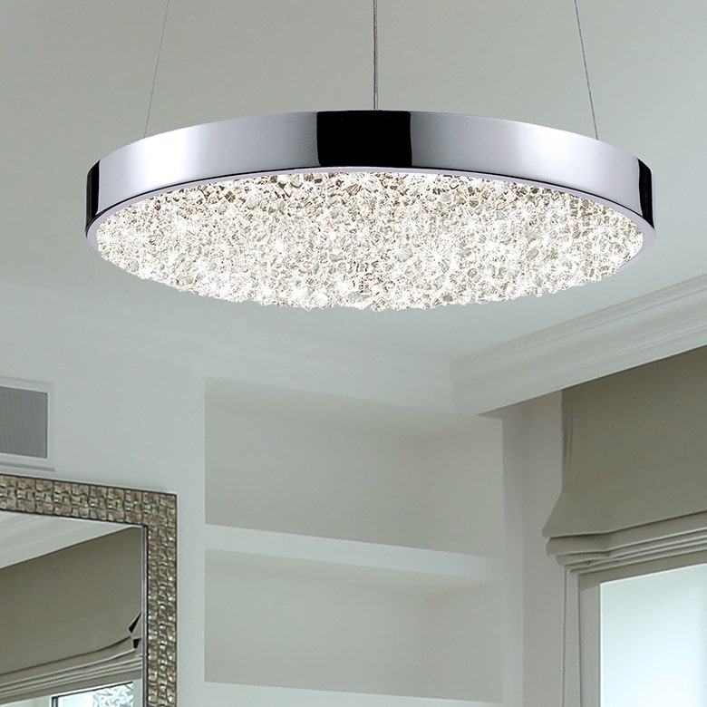 SONNEMAN Dazzle LED Pendant Light 1800 Lumens, 3000K Warm Glow, Dimmable, Crushed Glass Shade, Chrome Finish