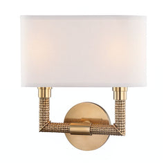 Dubois 2-Light Sconce in Aged Brass with Off-White Linen Shades by Hudson Valley Lighting