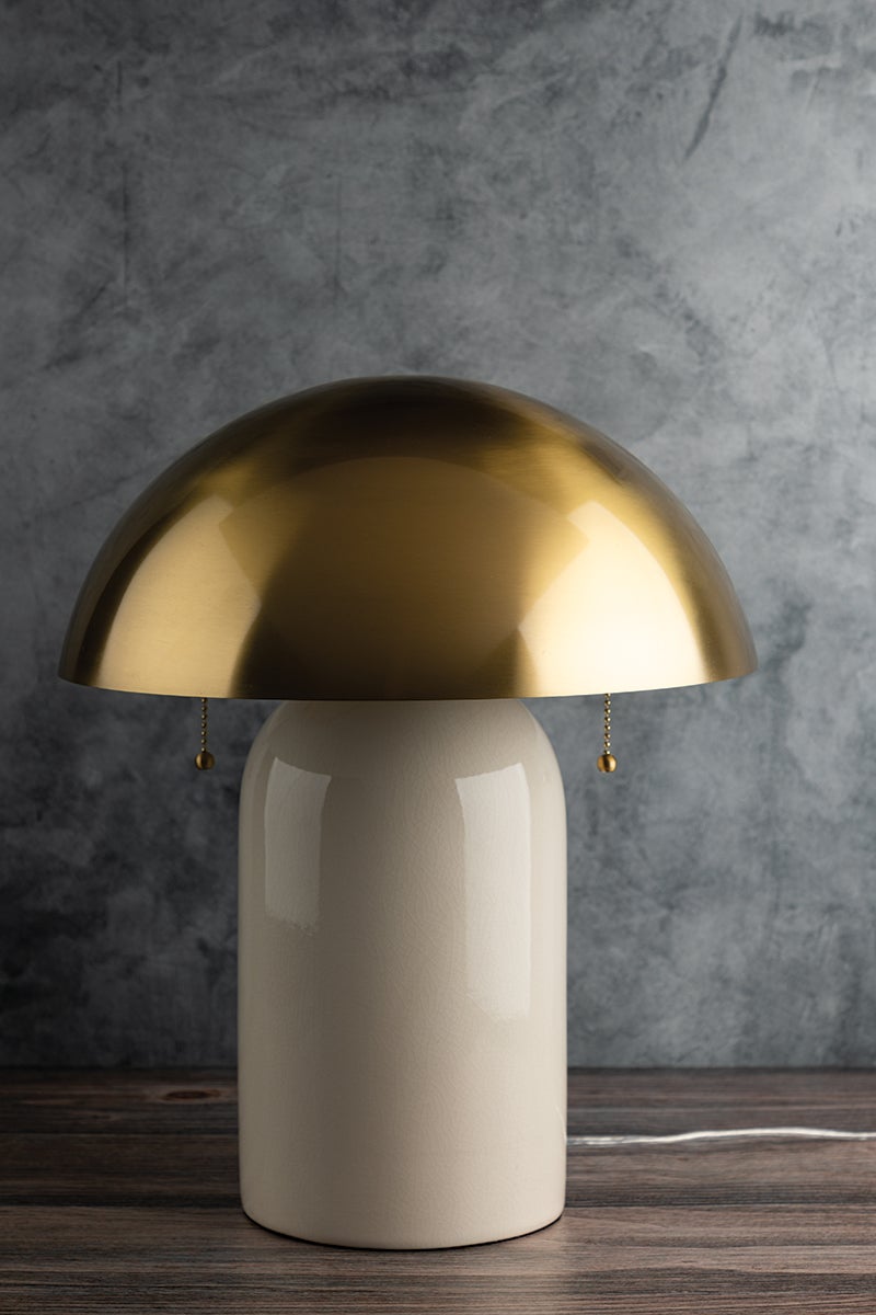 Mitzi Gaia Table Lamp with Antique Brass Dome Shade, Dimmable, 2 Light Sources, 16.5" Height
