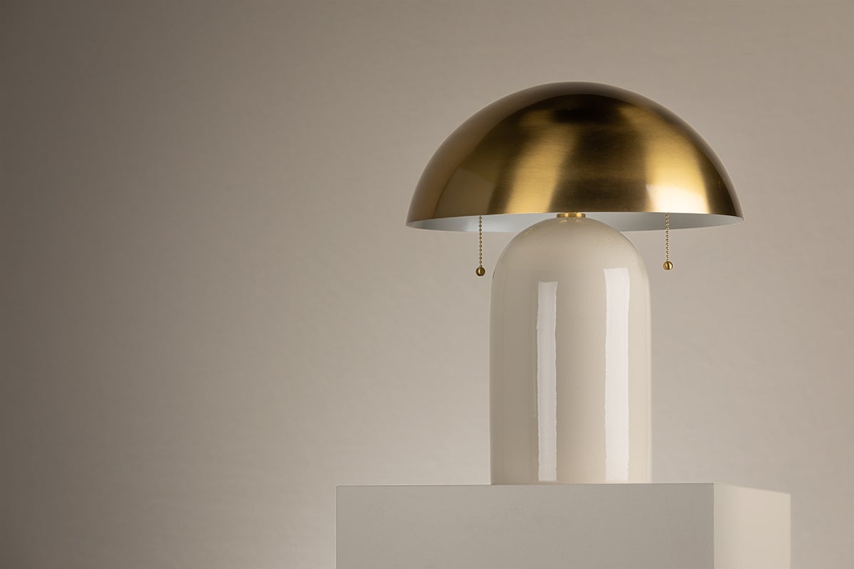Mitzi Gaia Table Lamp with Antique Brass Dome Shade, Dimmable, 2 Light Sources, 16.5" Height