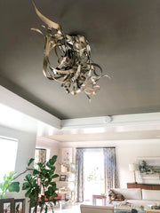 Graffiti Linear Chandelier by Corbett Lighting, 6 Lights, Hand-Forged Iron, Silver Leaf & Stainless Steel