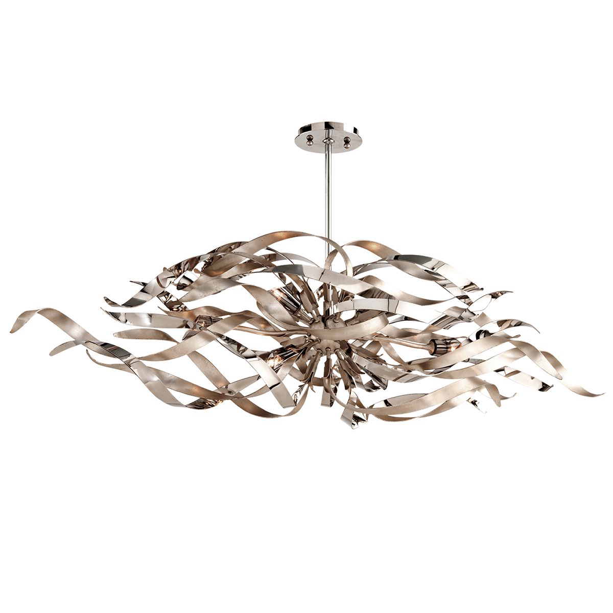 Graffiti Linear Chandelier by Corbett Lighting, 6 Lights, Hand-Forged Iron, Silver Leaf & Stainless Steel