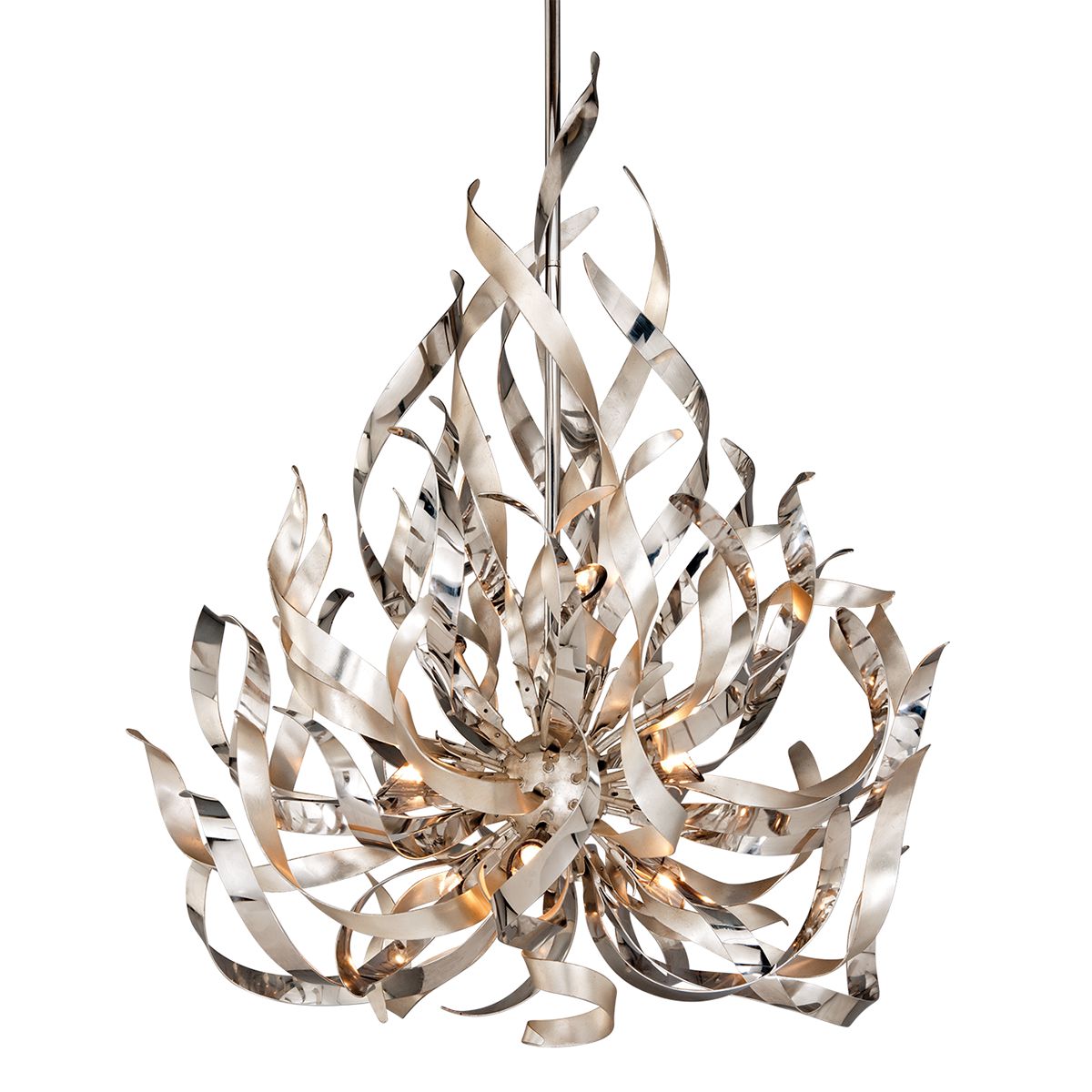 Graffiti Medium Chandelier by Corbett Lighting, 9 Bulbs, Adjustable 51"-90.5", Silver Leaf & Stainless Steel