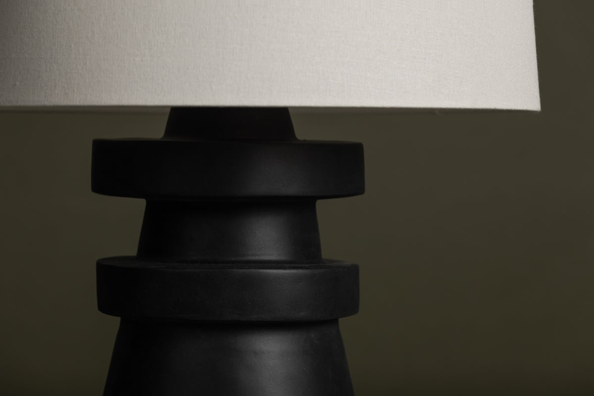 Grover Table Lamp With Dimmable Capability, Charcoal Ceramic Base & Off-White Linen Shade