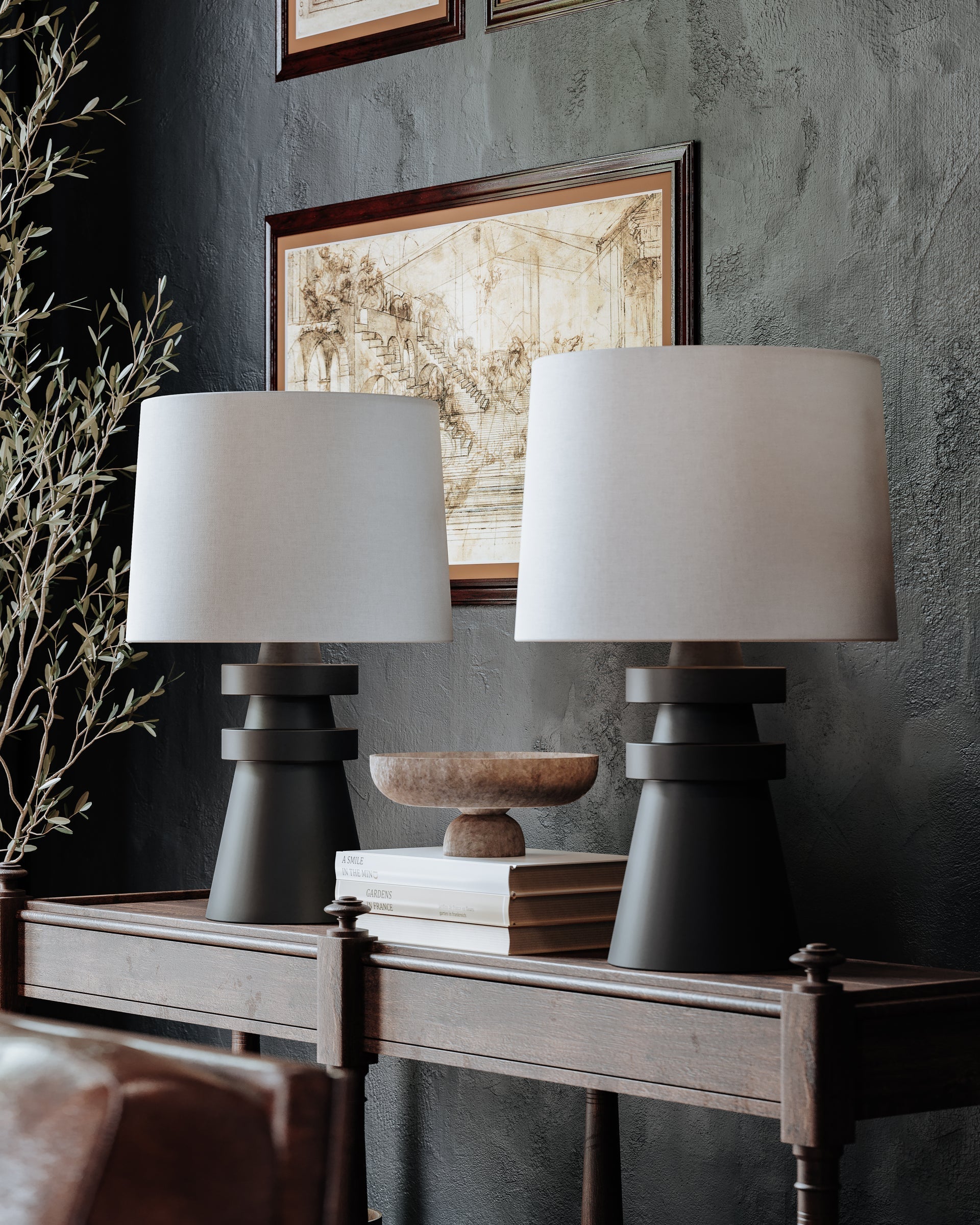 Grover Table Lamp With Dimmable Capability, Charcoal Ceramic Base & Off-White Linen Shade
