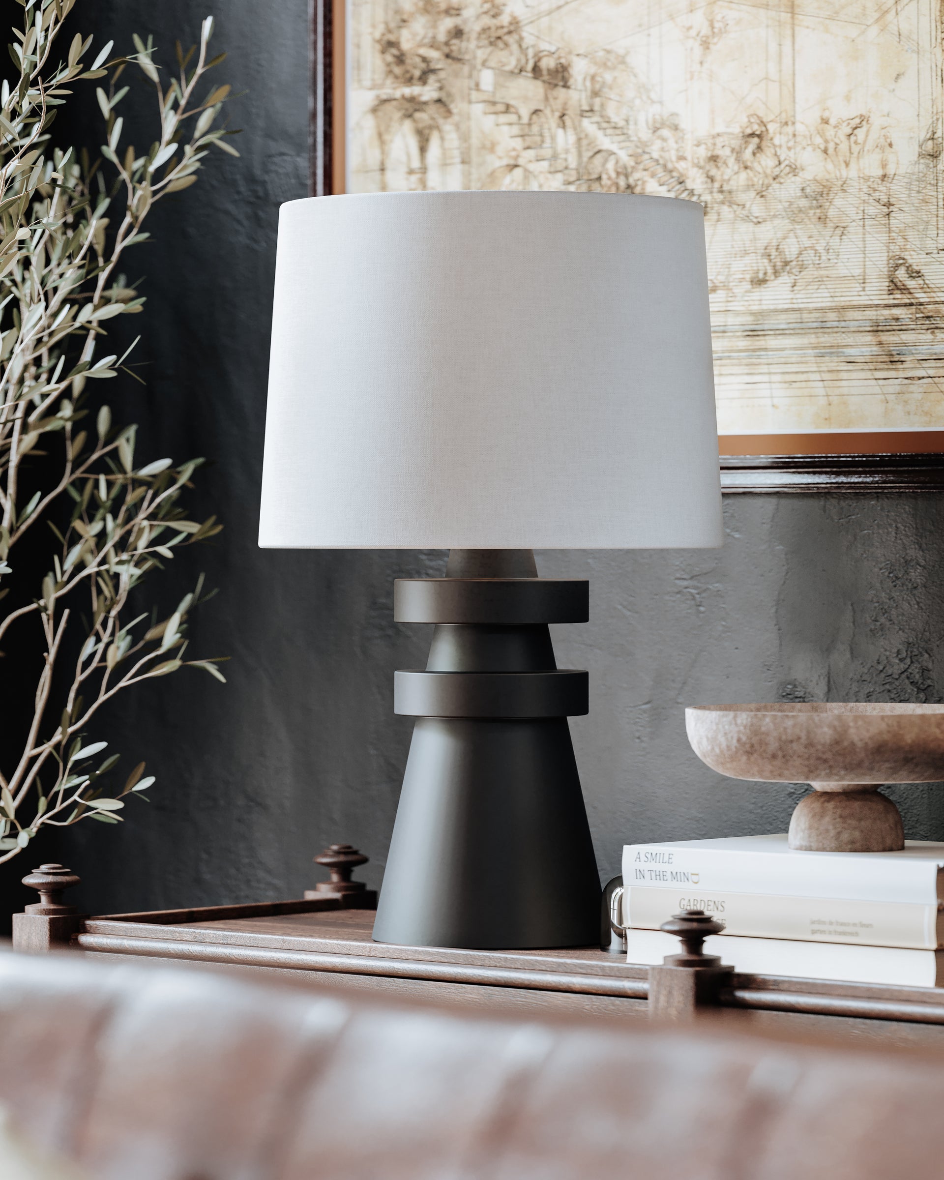 Grover Table Lamp With Dimmable Capability, Charcoal Ceramic Base & Off-White Linen Shade