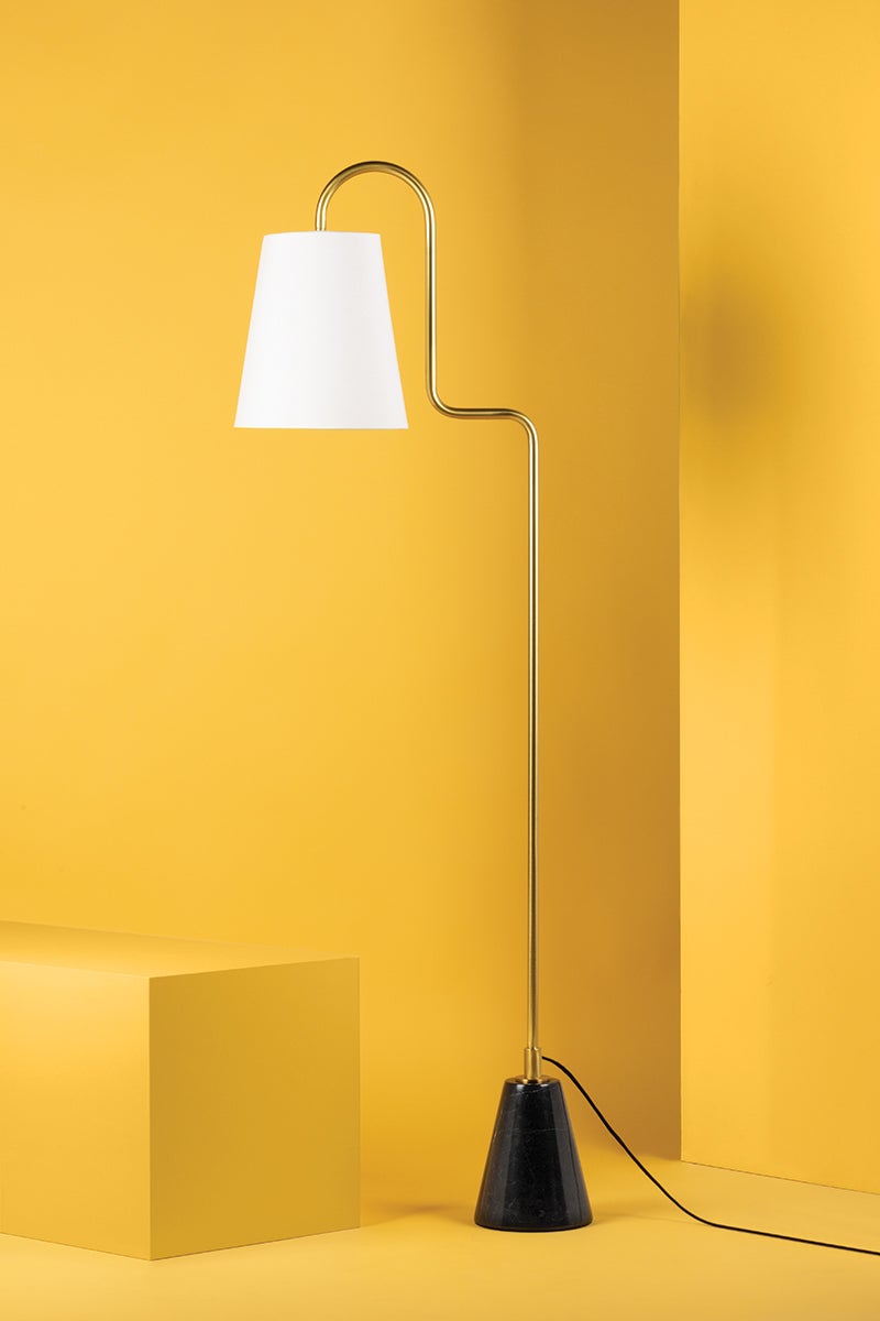 Jaimee 59-Inch Floor Lamp by Mitzi with Aged Brass Finish and Dimmable White Linen Shade