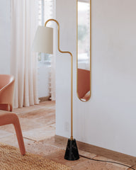 Jaimee 59-Inch Floor Lamp by Mitzi with Aged Brass Finish and Dimmable White Linen Shade