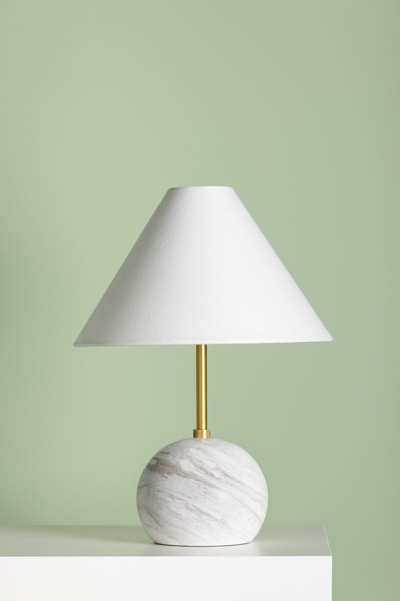 Jewel Table Lamp HL864201-AGB by Mitzi, Dimmable Aged Brass Finish with White Linen Shade, 16" Tall