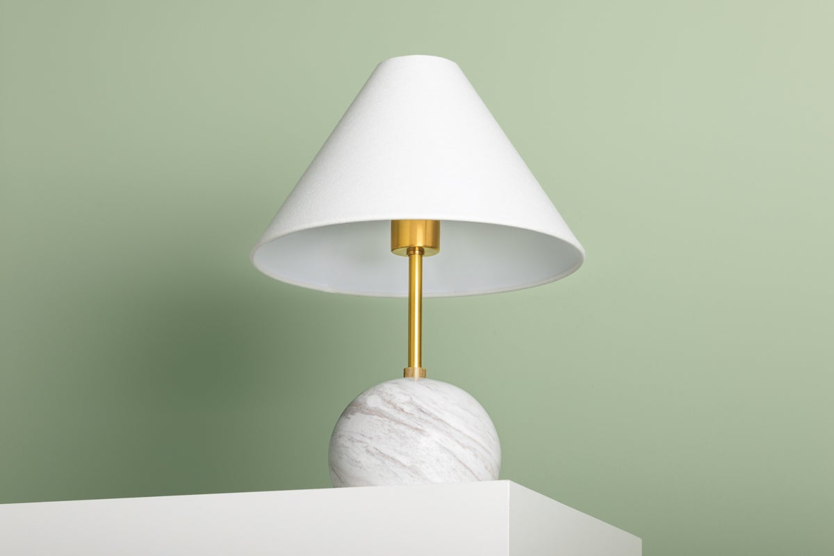 Jewel Table Lamp HL864201-AGB by Mitzi, Dimmable Aged Brass Finish with White Linen Shade, 16" Tall