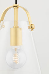 Mitzi Karin Mini Pendant Light, Adjustable 14"-130", Dimmable, Clear Glass Shade, Aged Brass or Polished Nickel