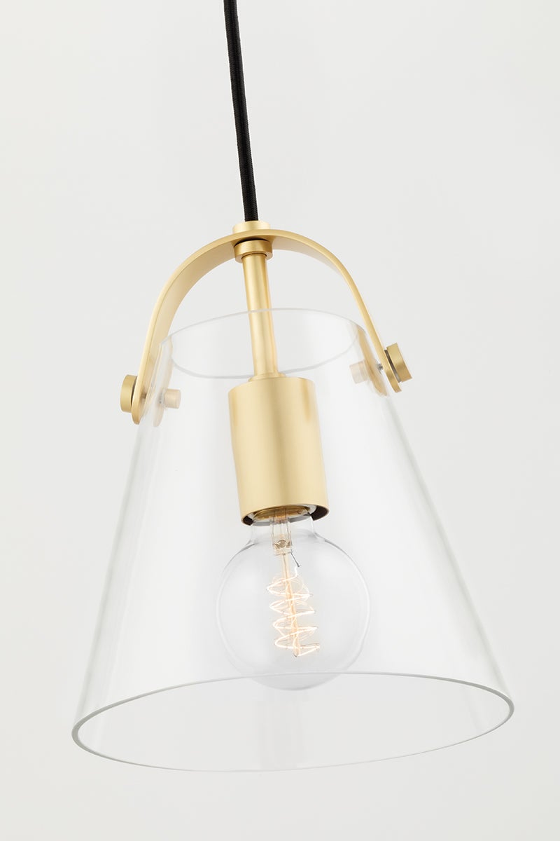 Mitzi Karin Mini Pendant Light, Adjustable 14"-130", Dimmable, Clear Glass Shade, Aged Brass or Polished Nickel