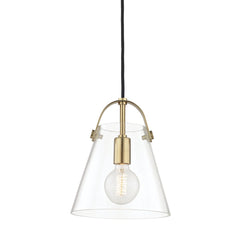 Mitzi Karin Mini Pendant Light, Adjustable 14"-130", Dimmable, Clear Glass Shade, Aged Brass or Polished Nickel