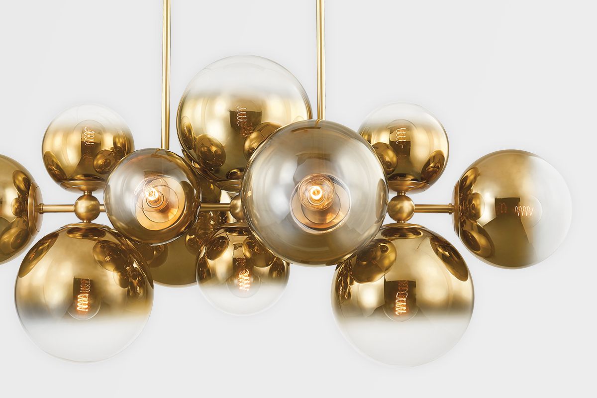 Kyoto Linear Chandelier 56.5" With Dimmable Ombré Glass Spheres & Vintage Polished Brass Finish