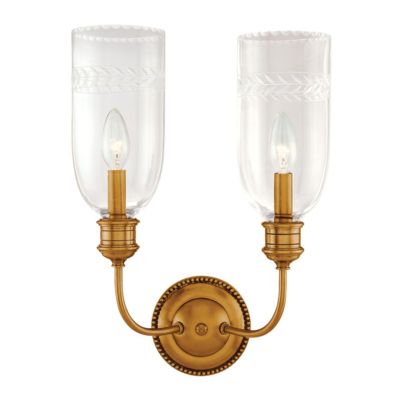 Lafayette 2-Light Sconce in Aged Brass with Dimmable Feature and Clear Glass Shades