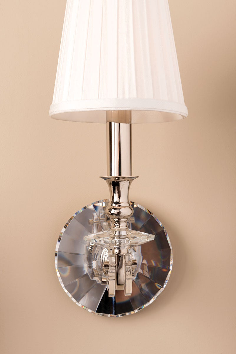 Lapeer Wall Sconce by Hudson Valley Lighting, Silk Shade, Crystal Bobeches, E12 Bulb, 60W Max