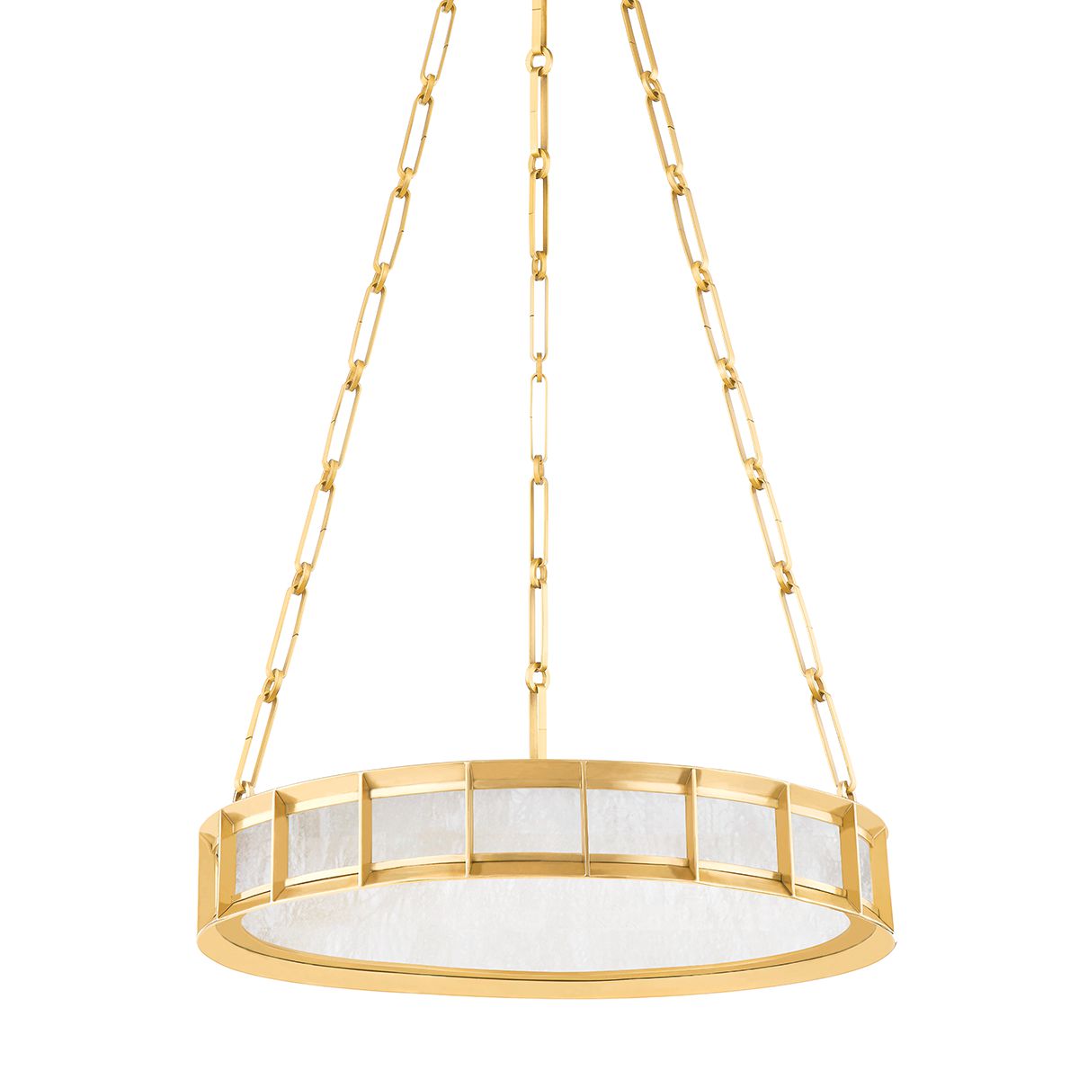 Leda Chandelier by Corbett Lighting, Dimmable, Alabaster Shade, Vintage Brass Finish, Adjustable 13" to 50.25