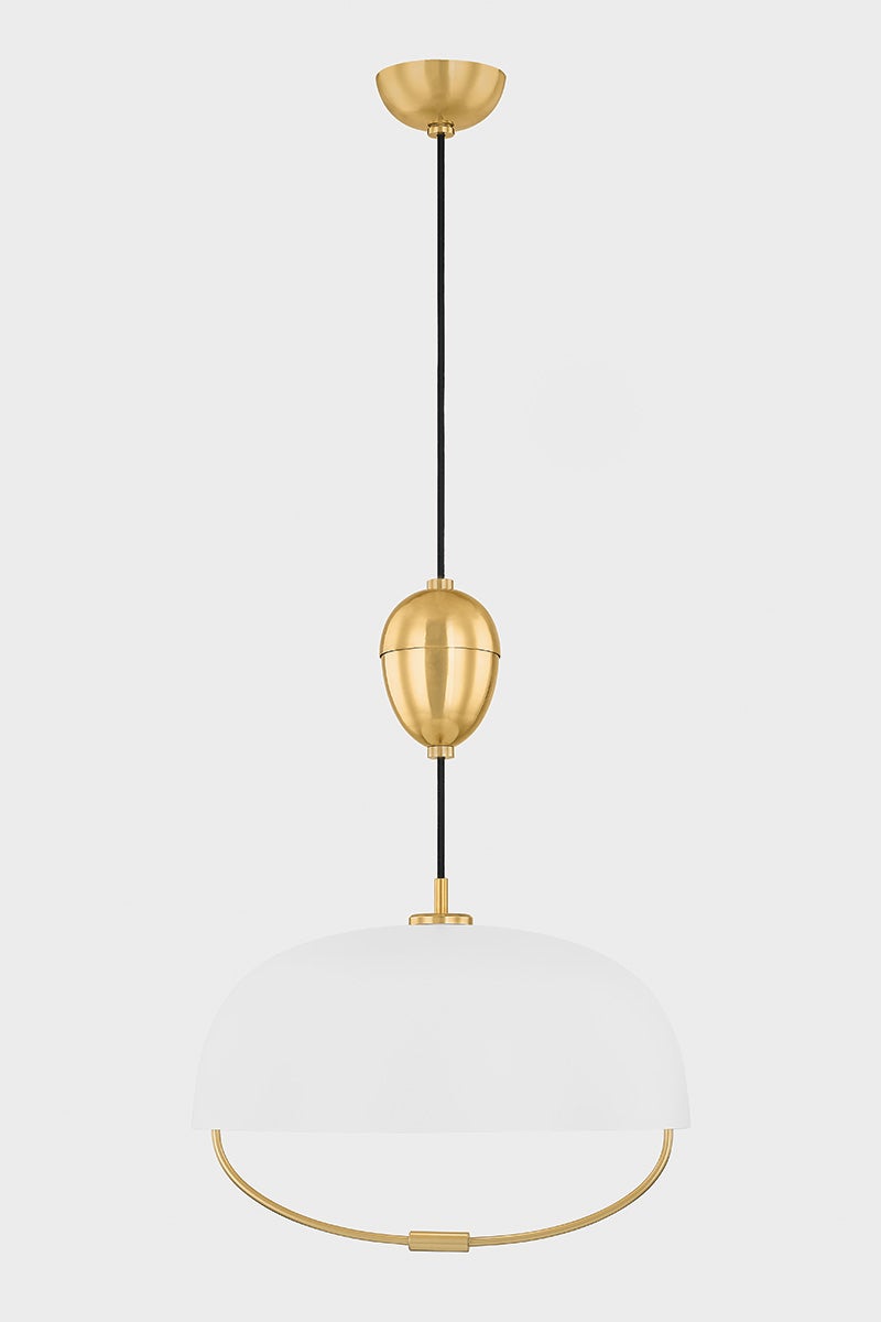 Mitzi Liliana 1-Light Adjustable Pendant Light Aged Brass with White Dome Shade, Dimmable