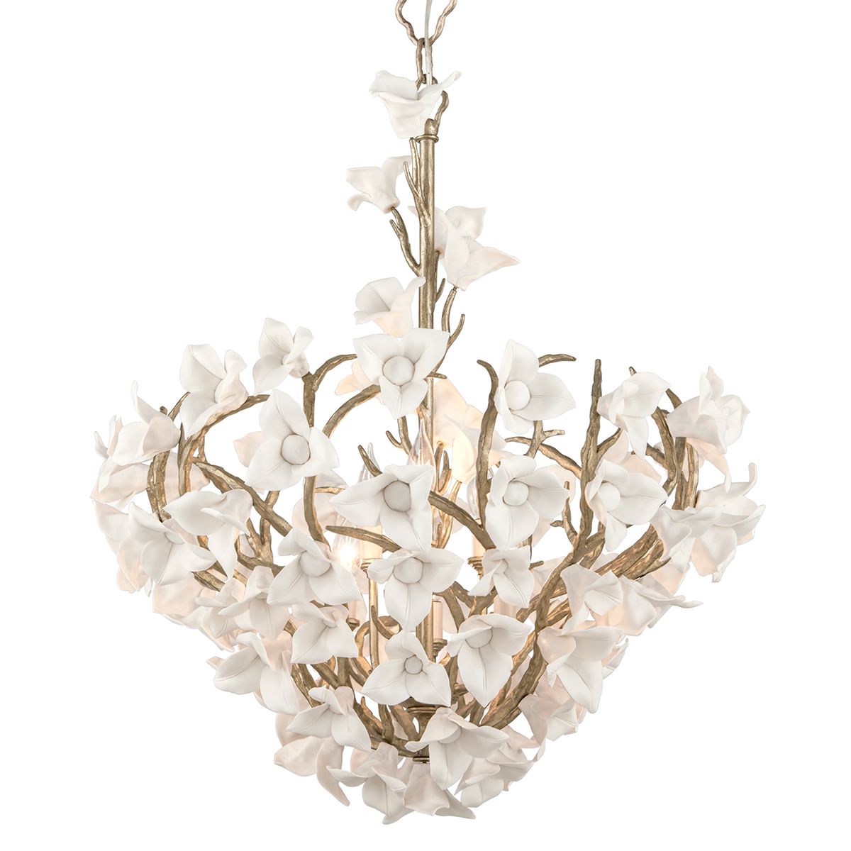 Lily Large Chandelier by Corbett Lighting, 6 Light Fixture with Porcelain Flowers, Adjustable Height
