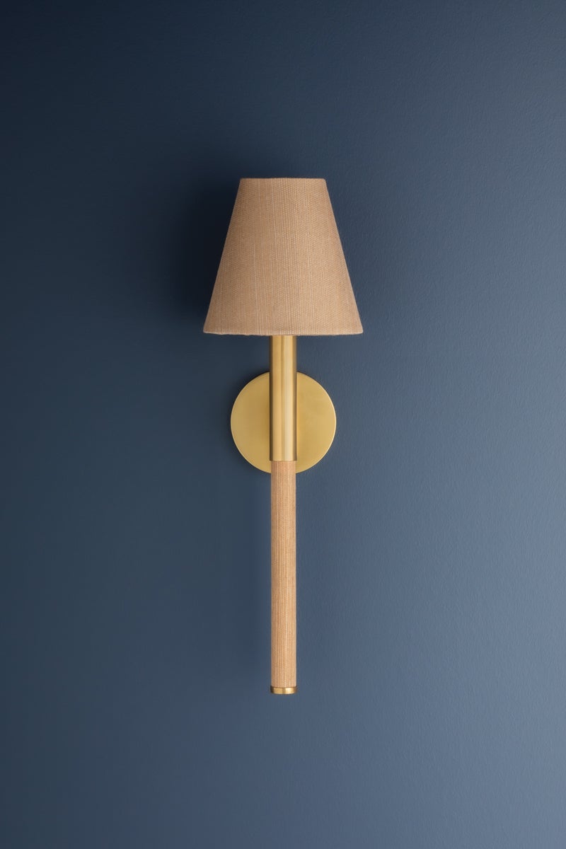 Lindenwood Aged Brass Wall Sconce by Hudson Valley Lighting - Natural Woven Shade, Dimmable, UL Damp Rated