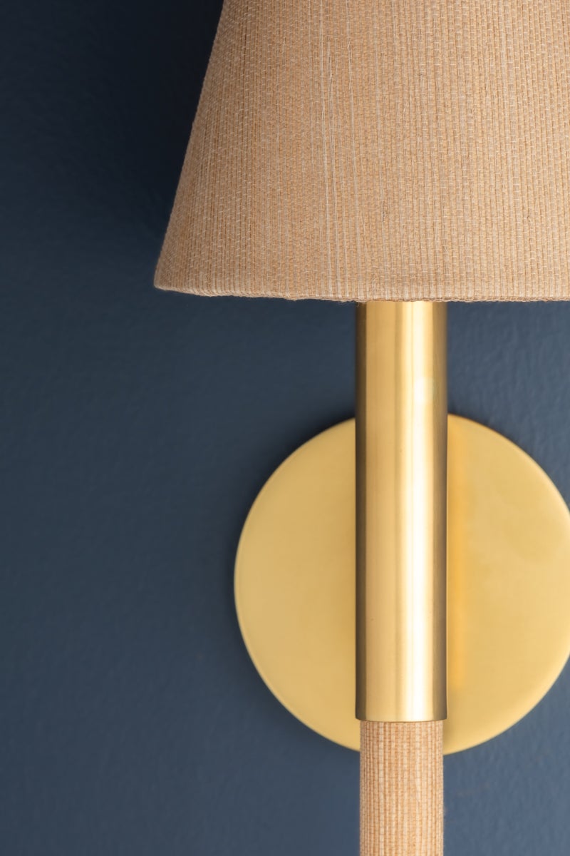 Lindenwood Aged Brass Wall Sconce by Hudson Valley Lighting - Natural Woven Shade, Dimmable, UL Damp Rated