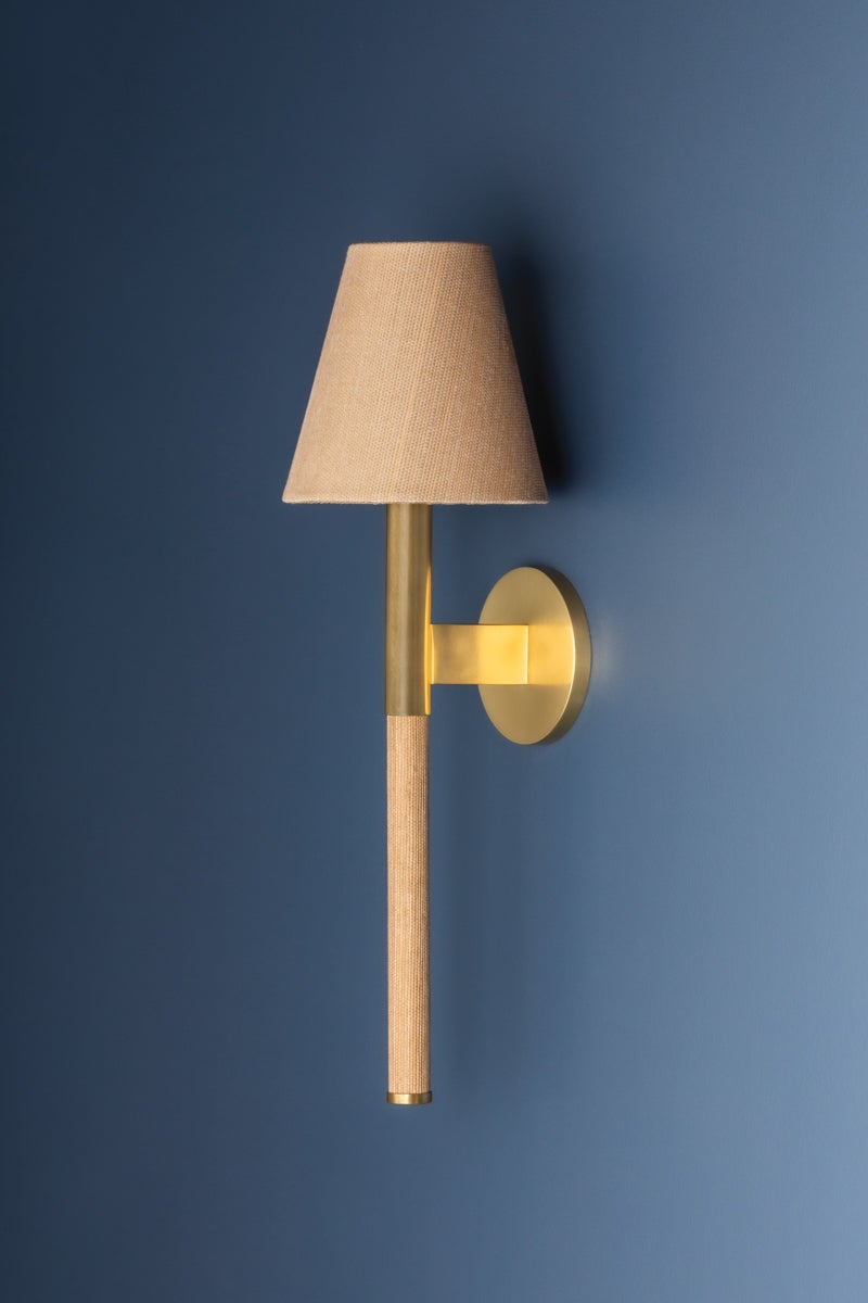 Lindenwood Aged Brass Wall Sconce by Hudson Valley Lighting - Natural Woven Shade, Dimmable, UL Damp Rated