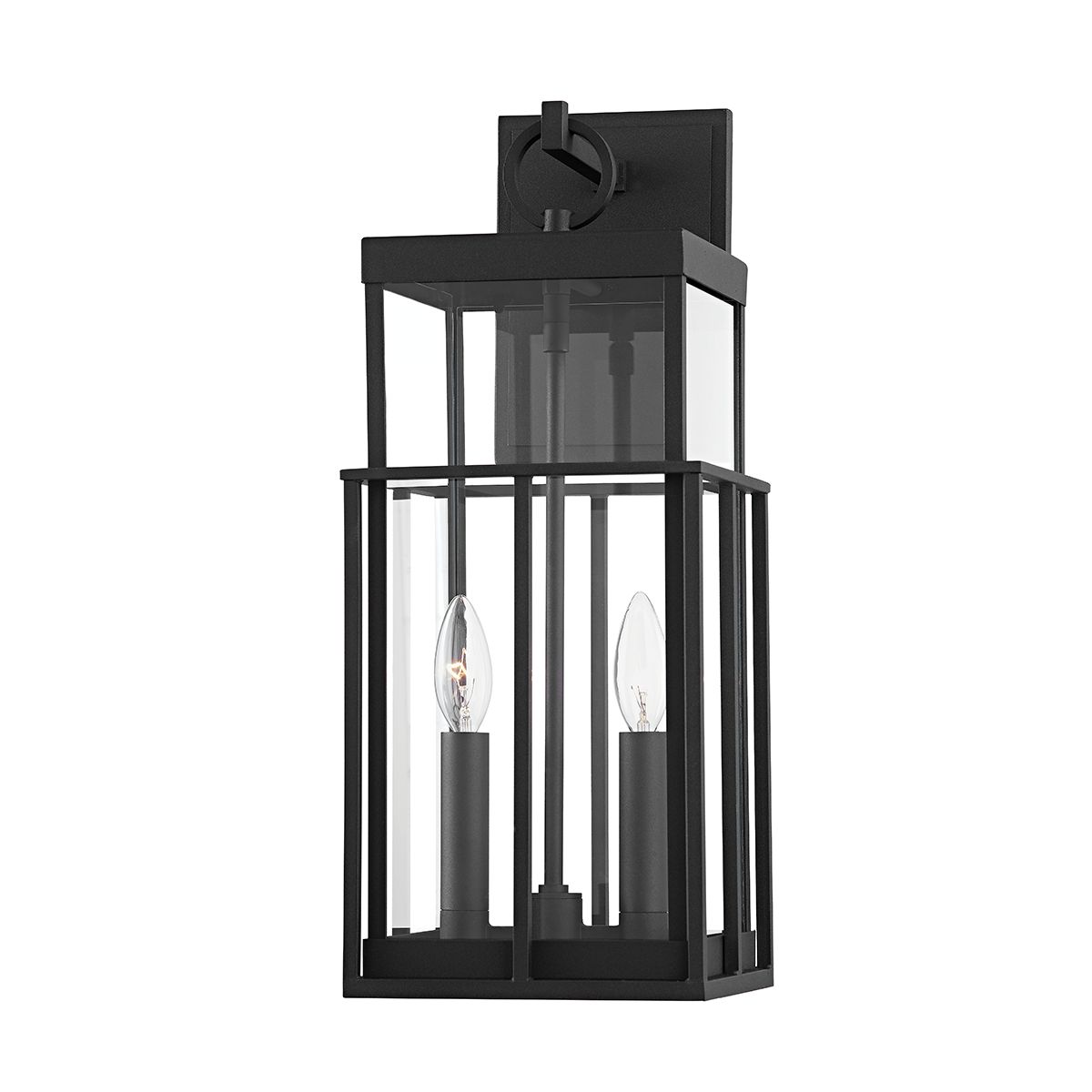 Longport Medium Outdoor Wall Sconce by Troy Lighting, Textured Black Metal, Clear Glass Shade, 2 Bulb Capacity