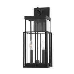 Longport Medium Outdoor Wall Sconce by Troy Lighting, Textured Black Metal, Clear Glass Shade, 2 Bulb Capacity