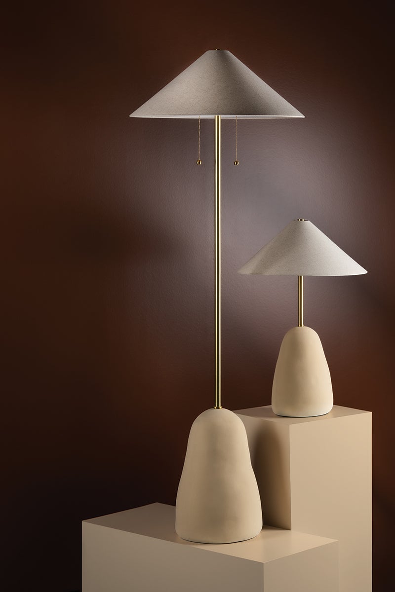 Maia Dimmable Floor Lamp By Mitzi, 67" Tall, Aged Brass & Ceramic Beige, Versatile Modern Design