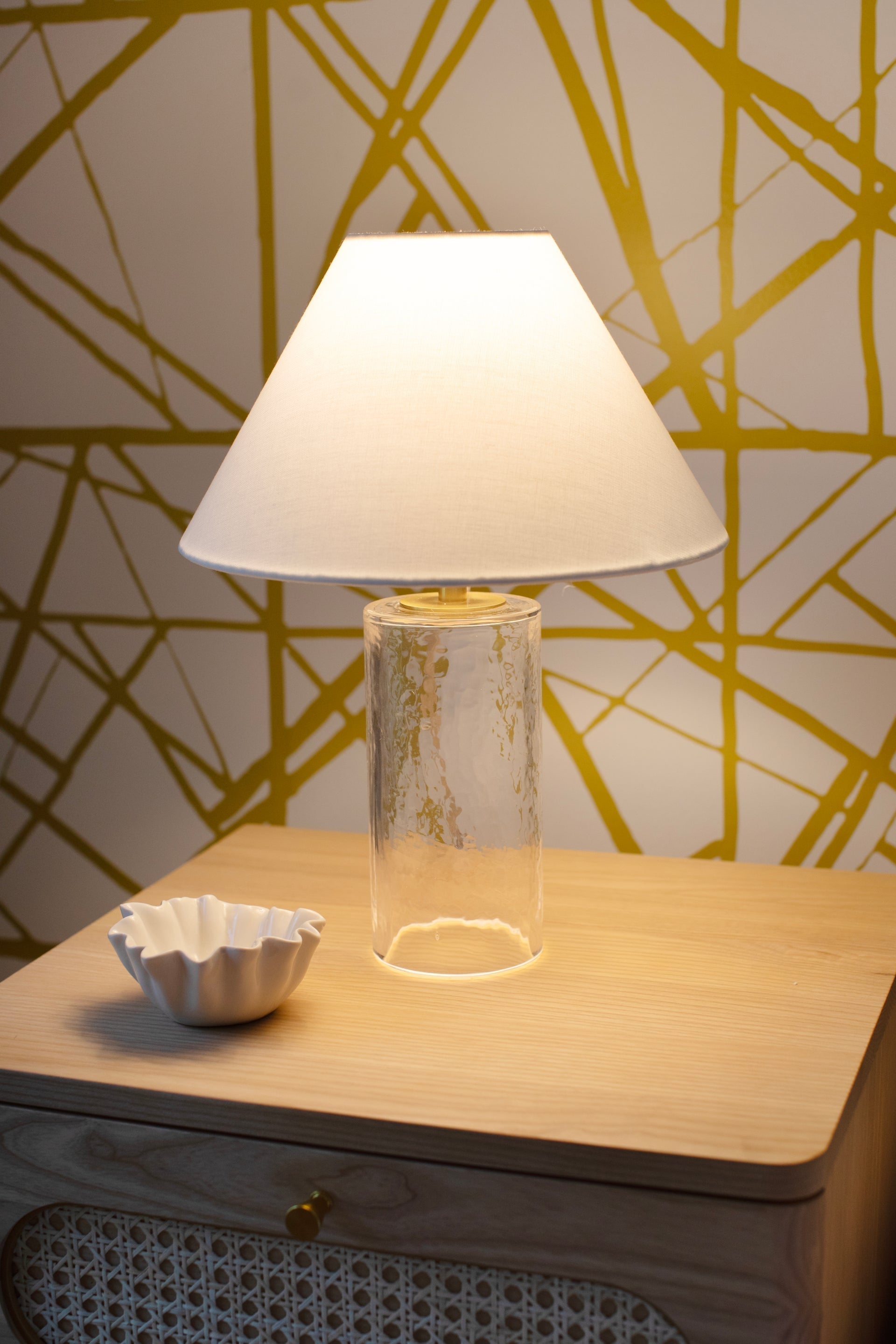 Mitzi Mandy Table Lamp 16”H x 12”W with Clear Blown Glass Base and Dimmable Capability, Aged Brass Finish