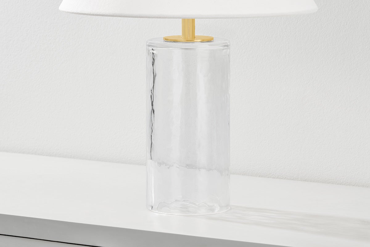 Mitzi Mandy Table Lamp 16”H x 12”W with Clear Blown Glass Base and Dimmable Capability, Aged Brass Finish