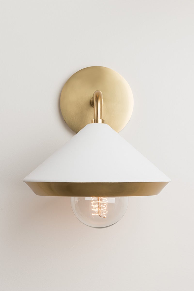 Mitzi Marnie Sconce, Aged Brass Finish, Black & White Shade, Dimmable, UL Damp Rated, 10.5" High