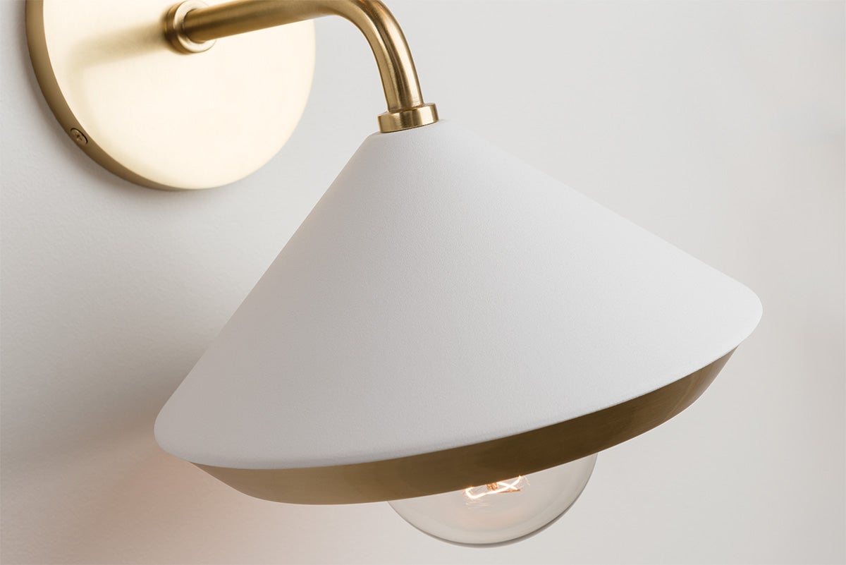 Mitzi Marnie Sconce, Aged Brass Finish, Black & White Shade, Dimmable, UL Damp Rated, 10.5" High