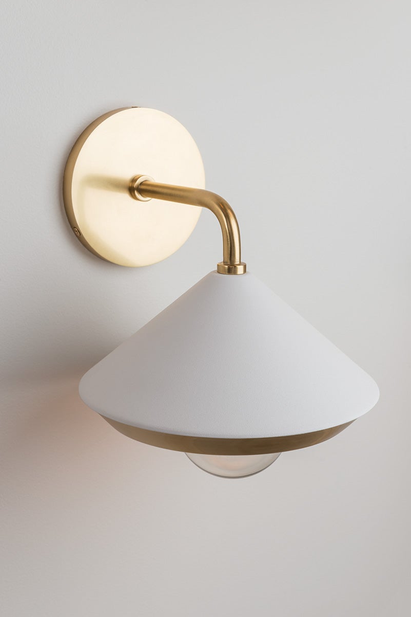 Mitzi Marnie Sconce, Aged Brass Finish, Black & White Shade, Dimmable, UL Damp Rated, 10.5" High
