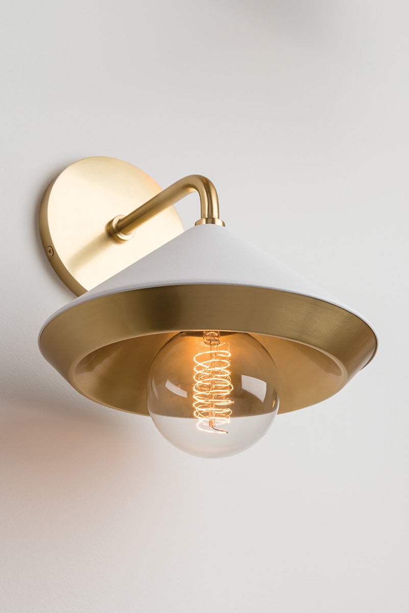 Mitzi Marnie Sconce, Aged Brass Finish, Black & White Shade, Dimmable, UL Damp Rated, 10.5" High