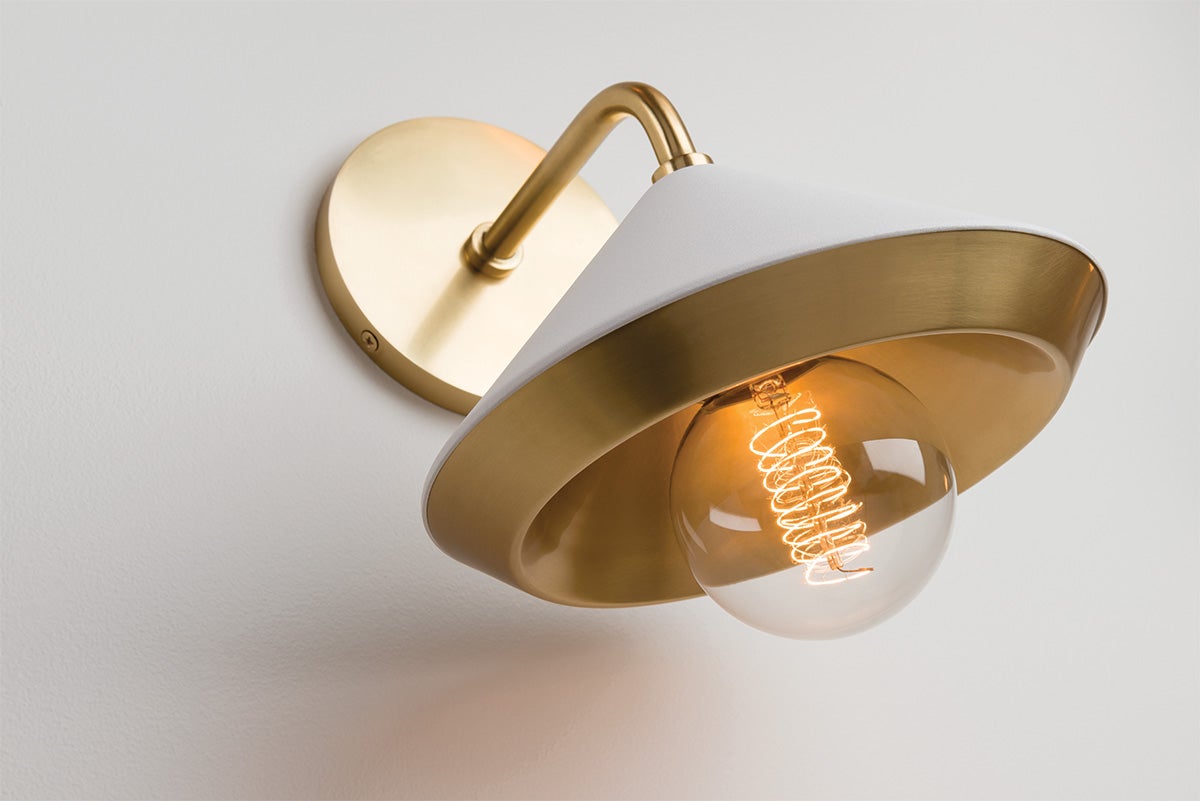 Mitzi Marnie Sconce, Aged Brass Finish, Black & White Shade, Dimmable, UL Damp Rated, 10.5" High