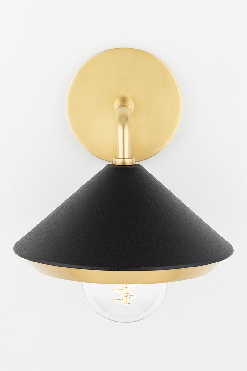 Mitzi Marnie Sconce, Aged Brass Finish, Black & White Shade, Dimmable, UL Damp Rated, 10.5" High