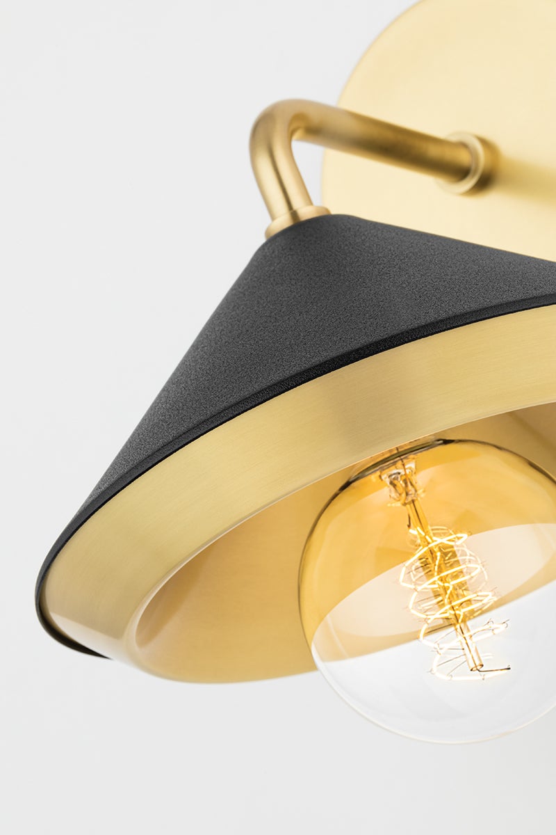 Mitzi Marnie Sconce, Aged Brass Finish, Black & White Shade, Dimmable, UL Damp Rated, 10.5" High
