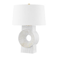 Milner Table Lamp 25.75" Height Ribbed Ceramic Base Aged Brass Accents Linen Shade by Hudson Valley