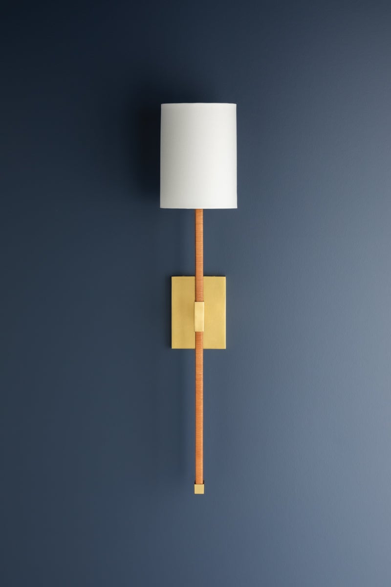 Minnetonka Sconce 30.75" H by Hudson Valley Lighting in Aged Brass with Linen Shade - Dimmable Wall Light