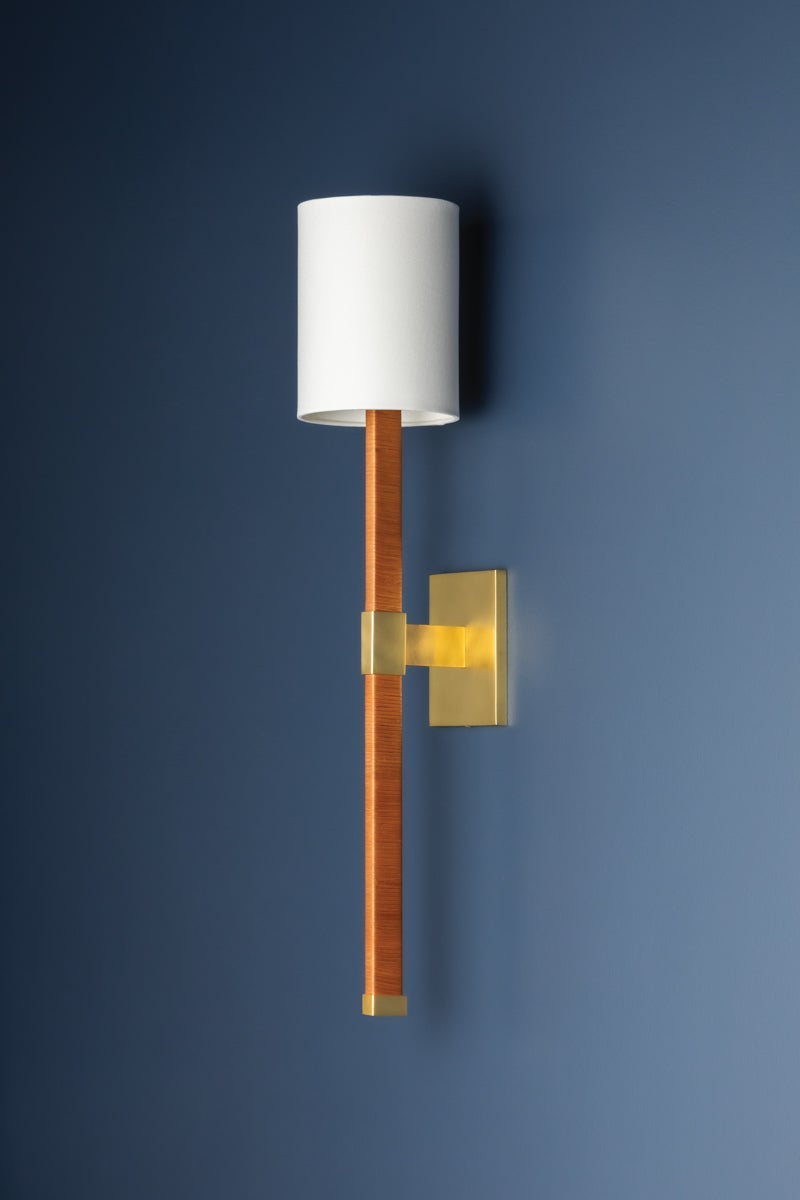 Minnetonka Sconce 30.75" H by Hudson Valley Lighting in Aged Brass with Linen Shade - Dimmable Wall Light