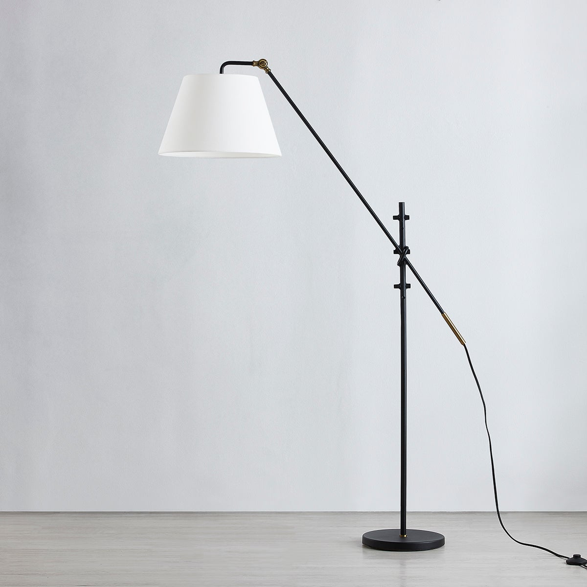 Navin Adjustable Floor Lamp with Dimmable Feature, Patina Brass Accents, and White-Linen Shade by Troy Lighting