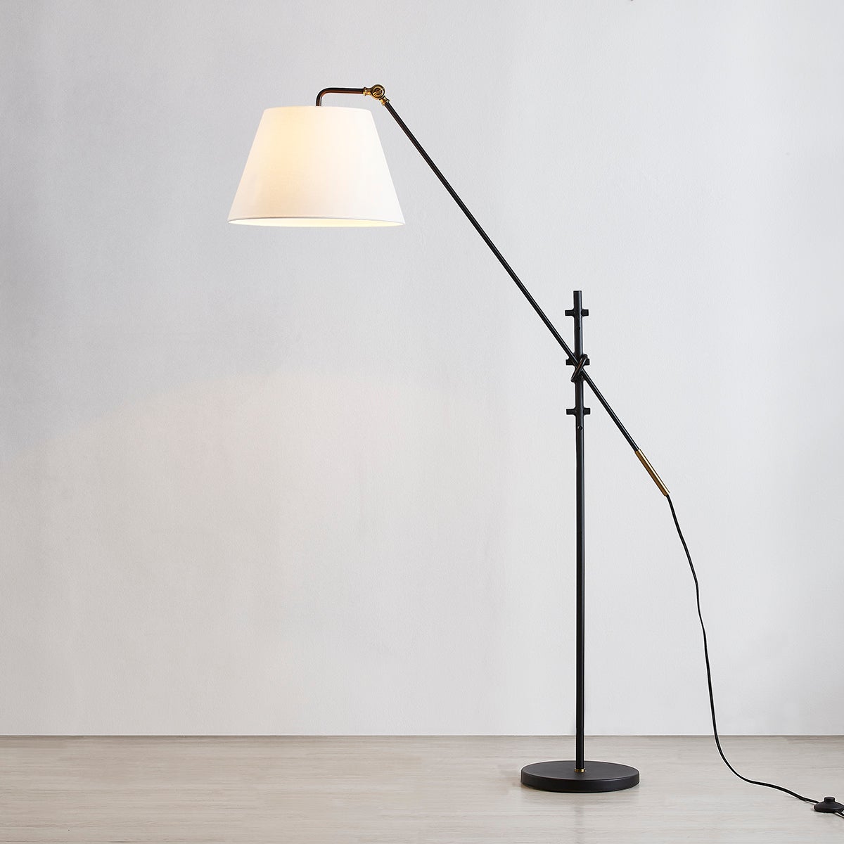 Navin Adjustable Floor Lamp with Dimmable Feature, Patina Brass Accents, and White-Linen Shade by Troy Lighting
