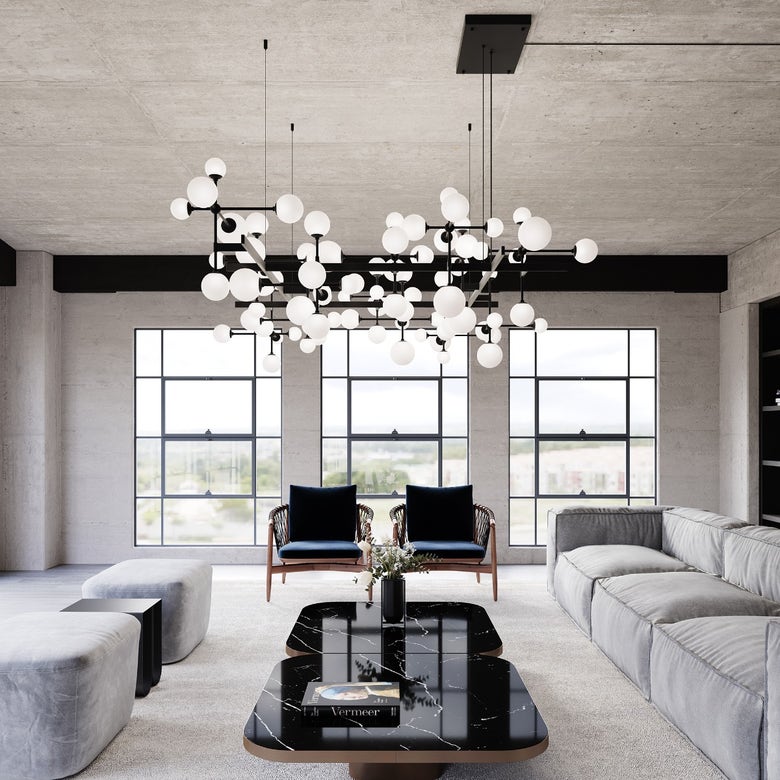 SONNEMAN Nebula 27,700 Lumens Large Square Chandelier, Dimmable, Satin Black/Nickel Finishes