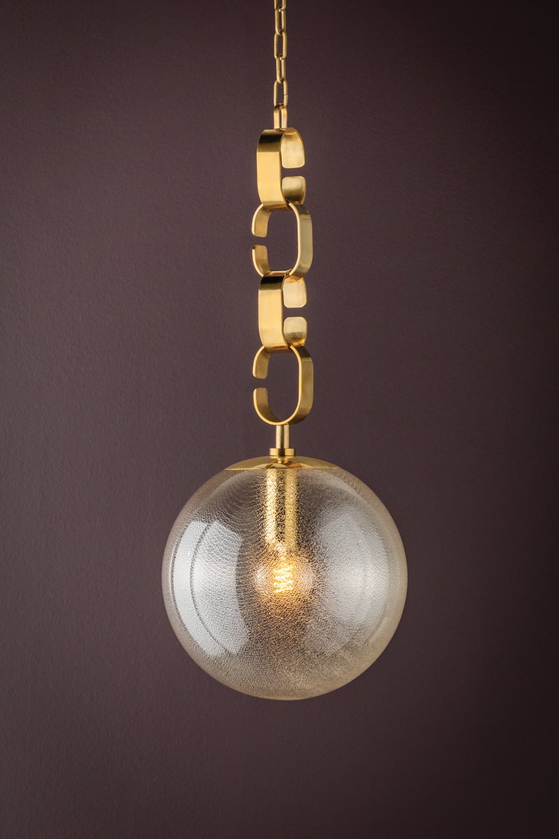 Nessa Pendant 30" Seeded Glass Orb Light Fixture in Vintage Brass with Adjustable Height by Corbett Lighting