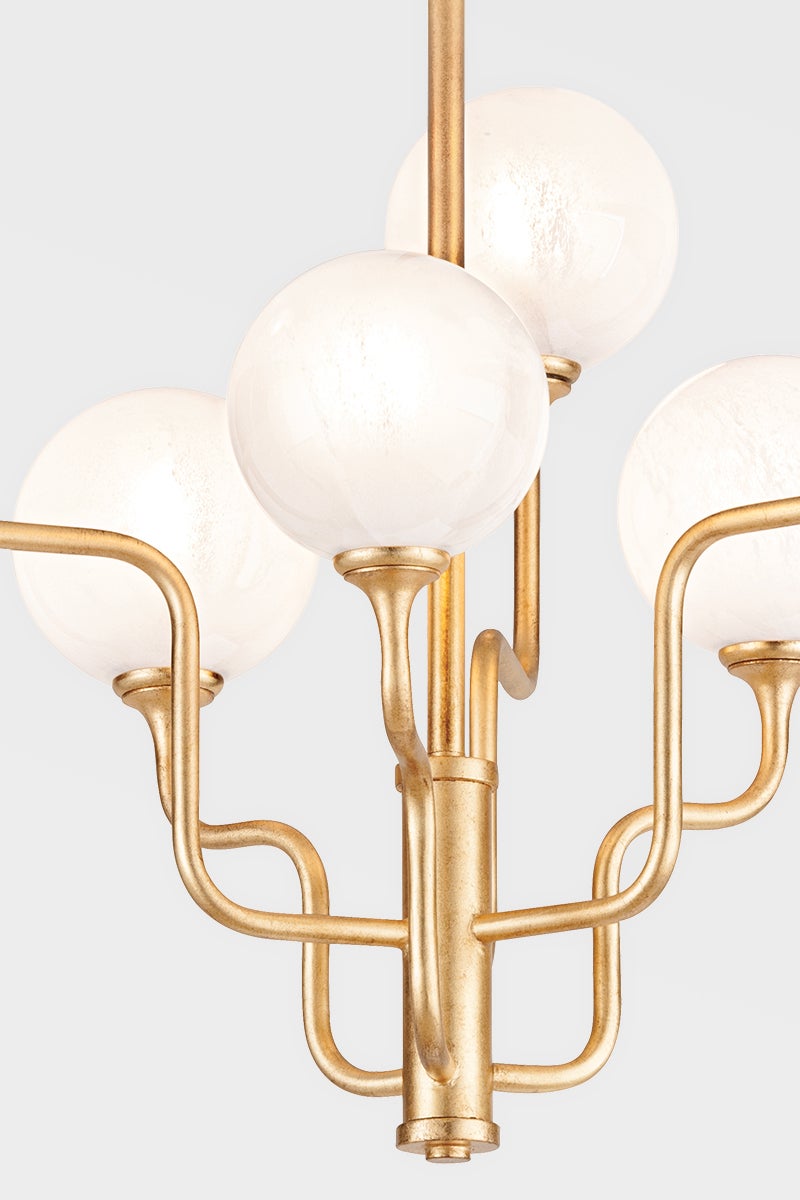 Onyx Chandelier by Corbett Lighting, 6-Light Modern Vintage Gold Finish, Adjustable Height, Opal Glass Globes