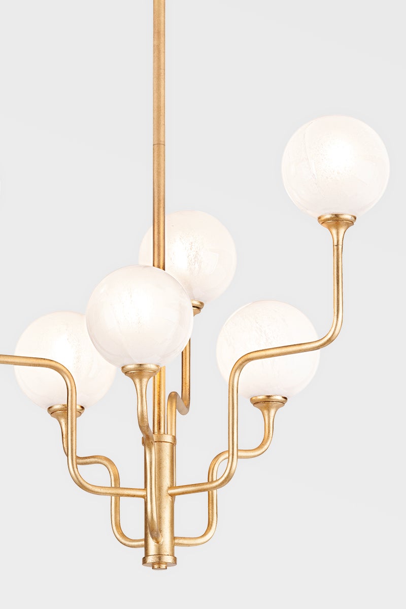 Onyx Chandelier by Corbett Lighting, 6-Light Modern Vintage Gold Finish, Adjustable Height, Opal Glass Globes