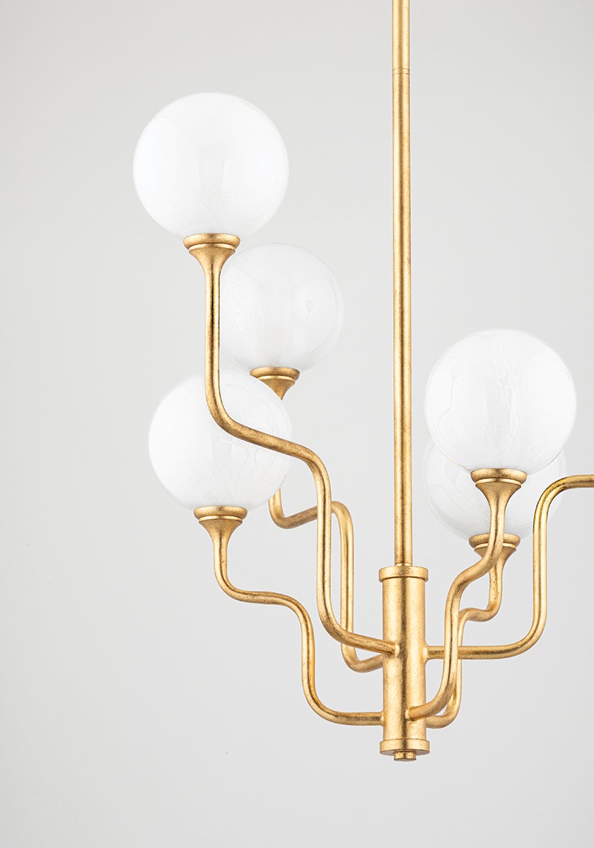 Onyx Chandelier by Corbett Lighting, 6-Light Modern Vintage Gold Finish, Adjustable Height, Opal Glass Globes