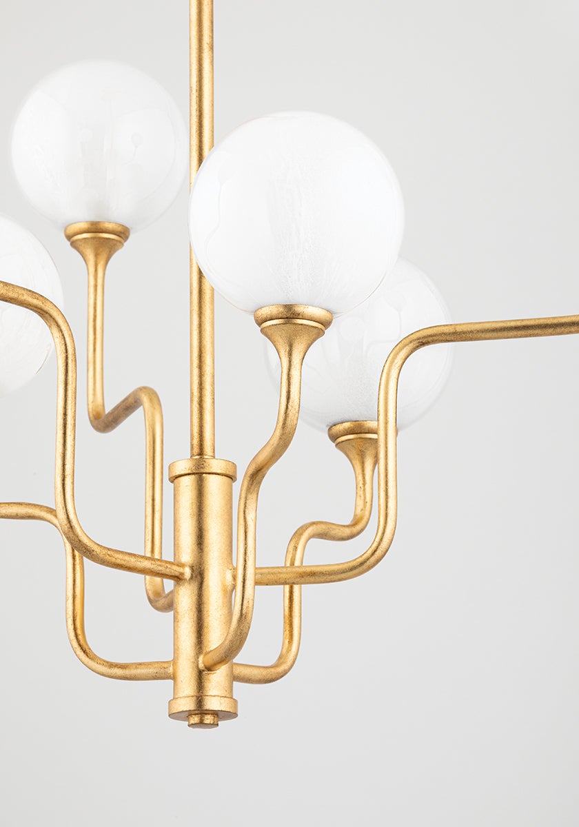 Onyx Chandelier by Corbett Lighting, 6-Light Modern Vintage Gold Finish, Adjustable Height, Opal Glass Globes